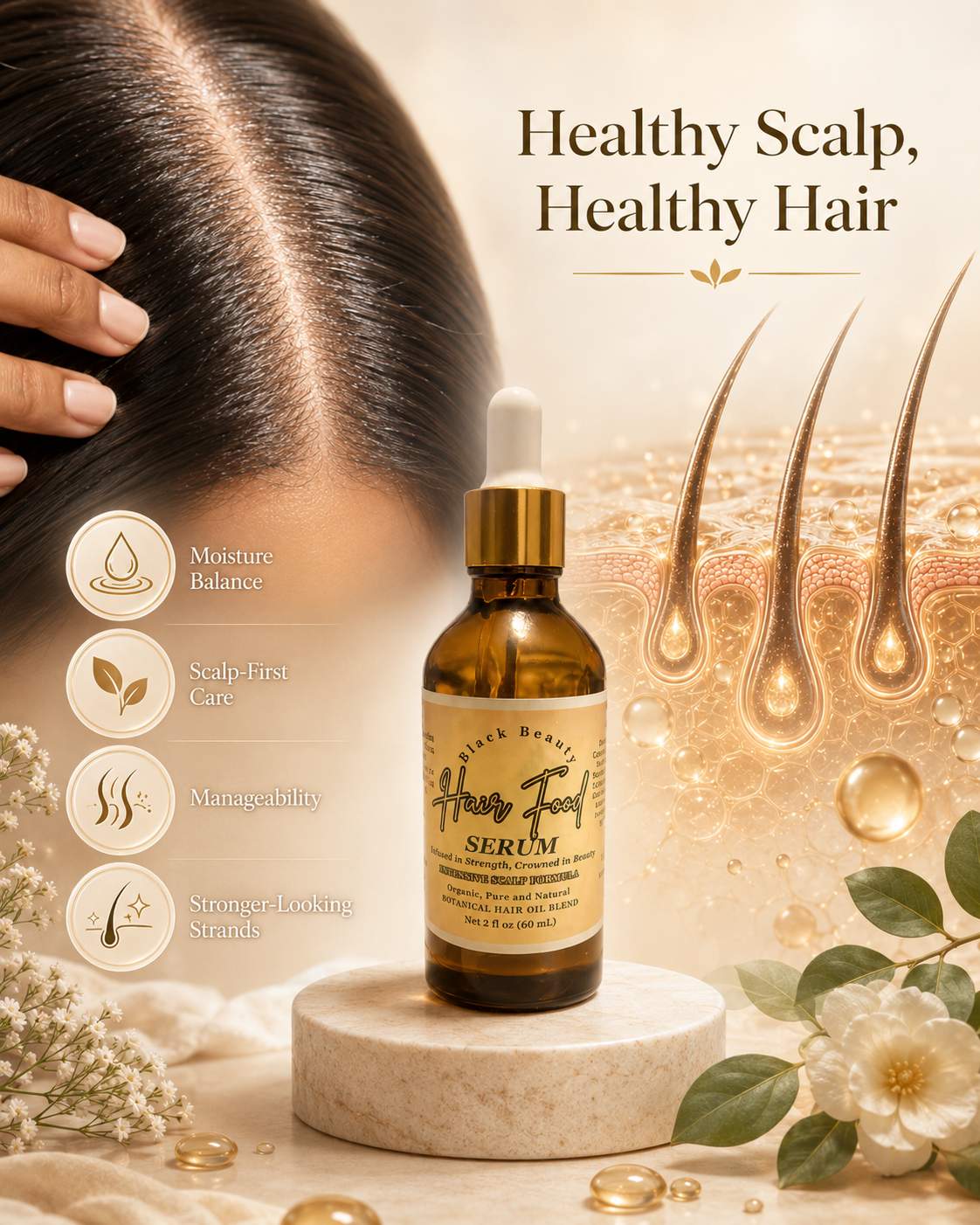 Black Beauty Hair Food Serum botanical scalp and hair oil with certified organic oils
