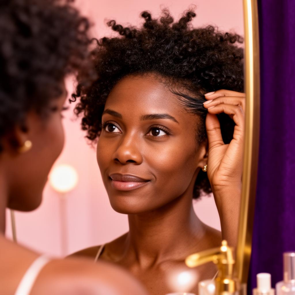 Reset — a woman thoughtfully examining her scalp and crown in a soft pink and gold beauty setting.