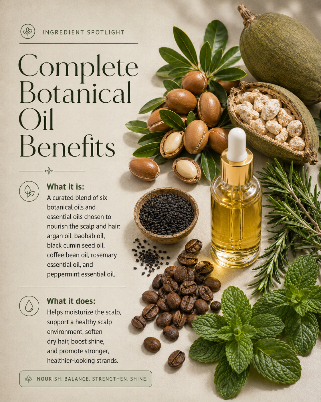 Black Beauty Hair Food Serum botanical scalp and hair oil crafted with organic and essential oils.