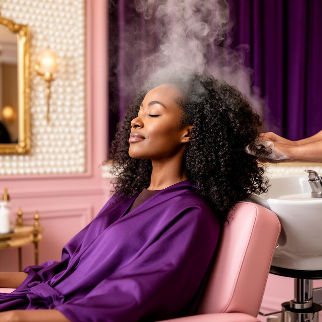 Restorative hair steam treatment in a warm professional salon setting.